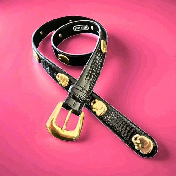 Vintage German Elephant Belt Black Patent Leather Gold Hardware Sz 90 Good Luck - Picture 1 of 12